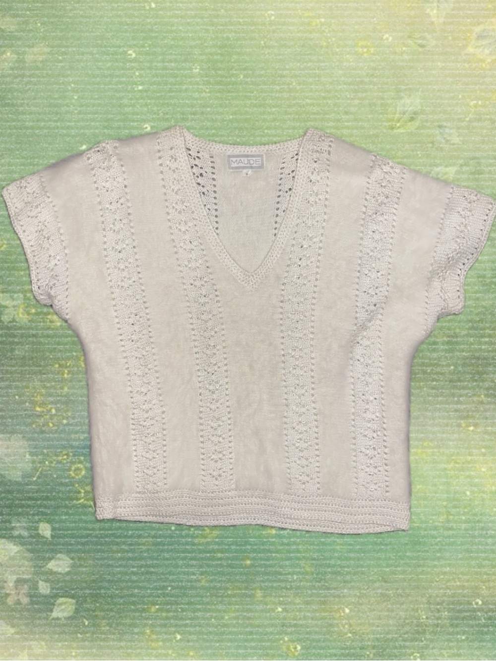 Maude Cream Openwork V-Neck Knit Top